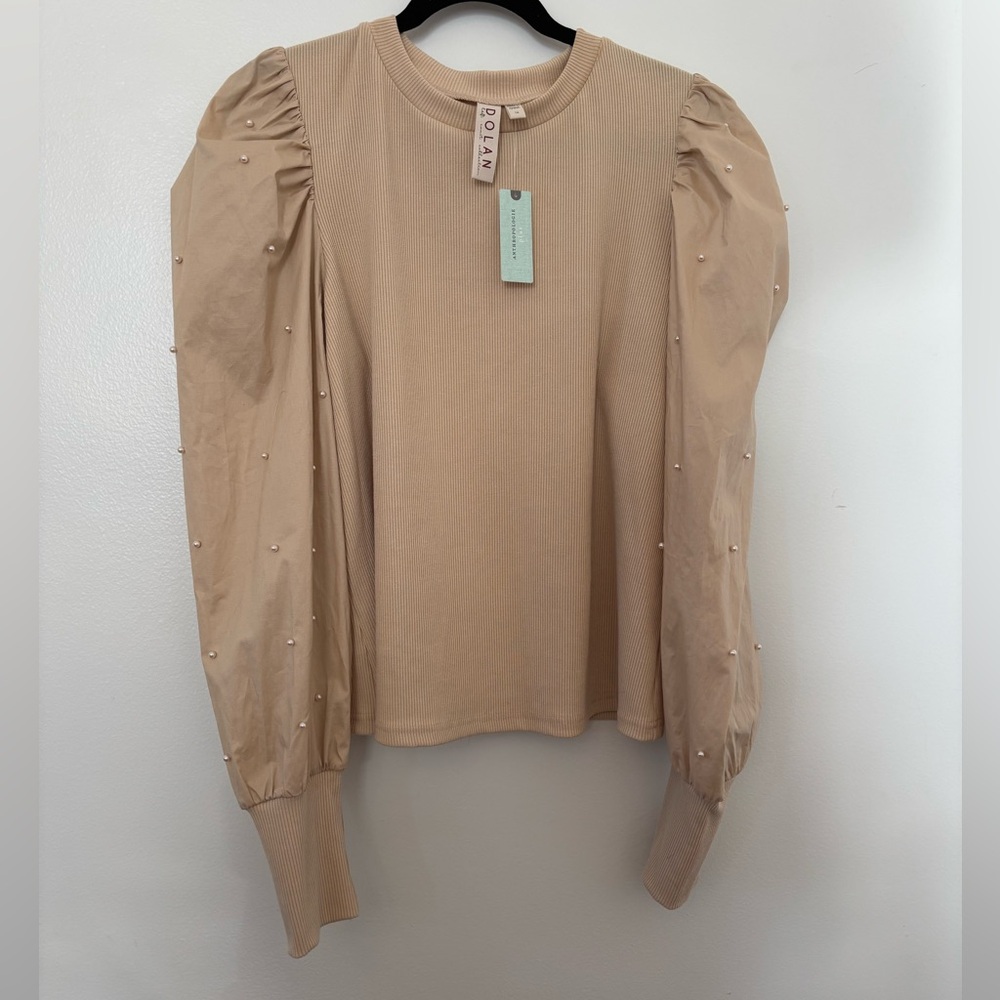 Anthropology Dolan Women's Beige Puff Sleeve Blouse With Pearls NWT Size 1X